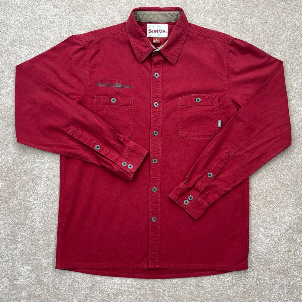 Simms Shirt Medium Burgundy Button Up Firehole Ranch Logo Flannel Outdoor Men